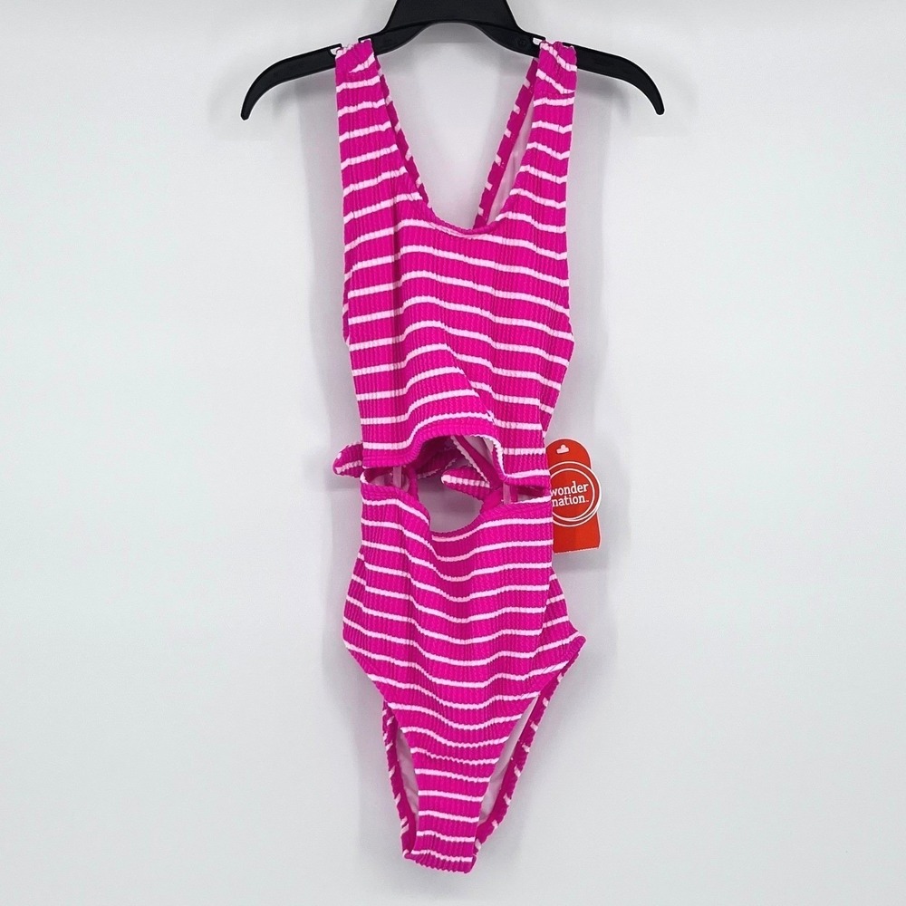 Wonder Nation Girls Electric Pink Striped Ribbed Cutout One Piece Swimsuit M 7-8